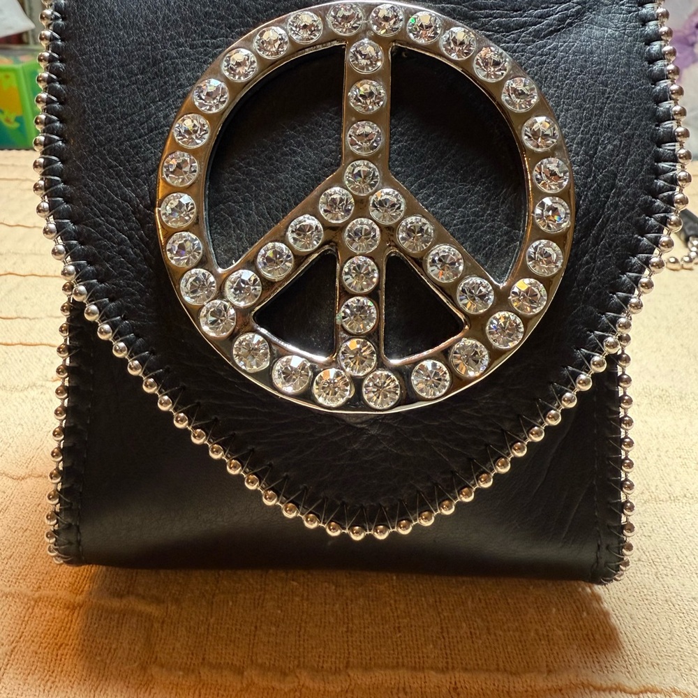 Leather ROCK Black Peace Sign Crossbody Bag.